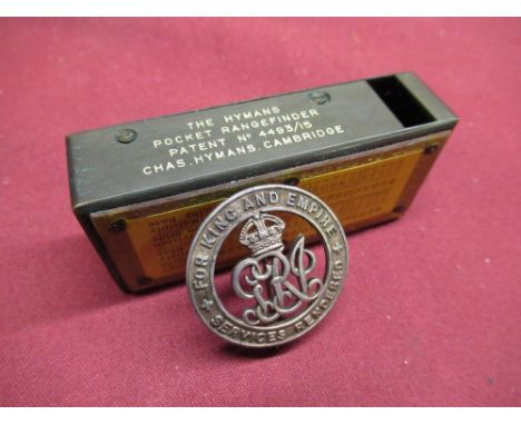 WWI silver Services Rendered badge, impressed NoB94488 (to Fred Knowlson) and a WWI period Hymans pocket range finder, patent