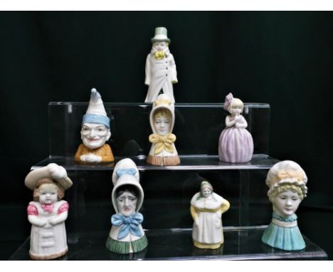 Royal Worcester candle snuffers, Mob Cap, Young Girl, Old Woman, French Cook, Hush, Feathered Hat, Punch and Budge, 1976 (8) 