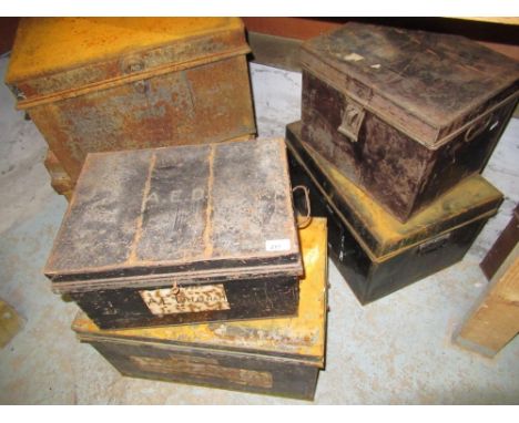 Horncastle Marmion Oddfellows club painted tin trunk, and five japanned metal deed and other boxes (6) 