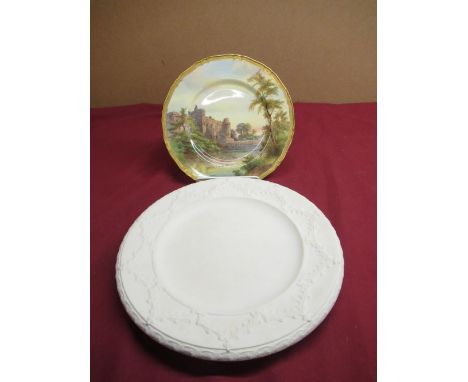 Mid Victorian Worcester gothic revival Parian charger circa 1852, D34cm (chips to reverse of rim), and a Royal Worcester "War