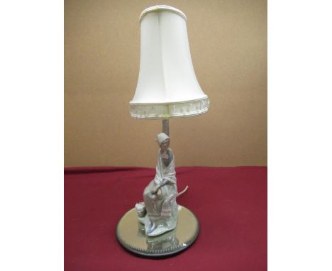 Lladro figural table lamp with circular mirrored stand D22.5cm (2) 