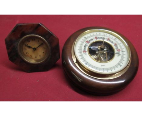 Early 20th C bedroom timepiece octagonal faux tortoise shell frame and a 20th C Gischard walnut cased bulk head type aneroid 