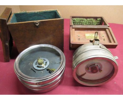 Large Toulet Imperator pigeon timing clock D21cm in oak case and a smaller Toulet Imperator pigeon racing clock D17cm in oak 