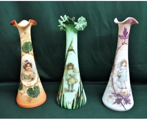 Victorian glass vases, one orange with green hand painted foliage and a portrait of young lady holding a bunch of flowers, an