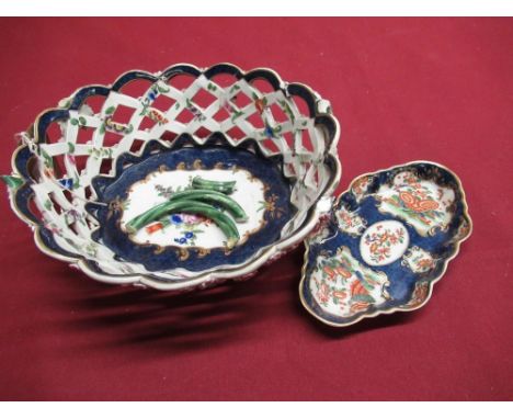 First period Worcester lozenge shaped pin tray with fluted edges, polychrome floral decoration with gilt highlights (repaired