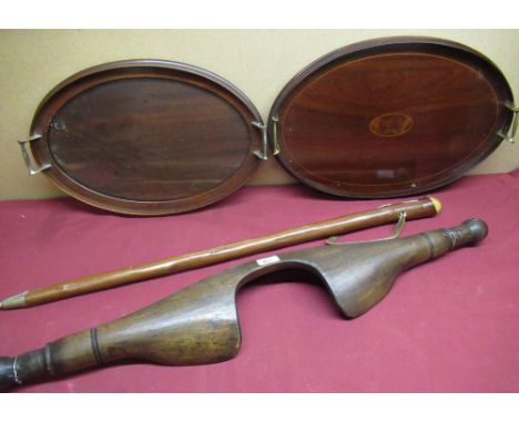 Early 20th C pine yoke, alpine walking stick with leather strap L90cm, and two early 20th C mahogany tea trays (4) 