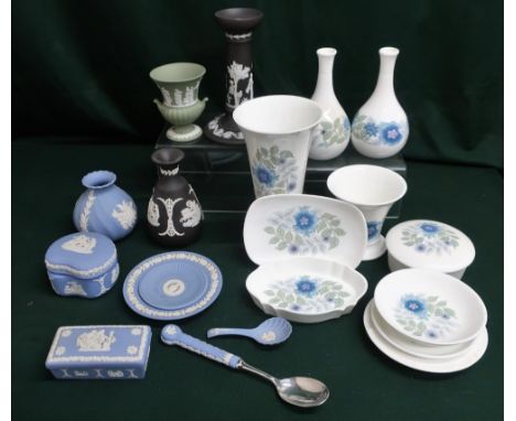 Wedgwood Jasper ware including candlestick, vases, trinket boxes and porcelain fruit spoon etc, and Wedgwood "Clementine" tru