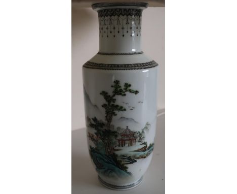 Chinese table lamp, the plain body painted with pagoda on a mountainous landscape, with character marks to the base and side 