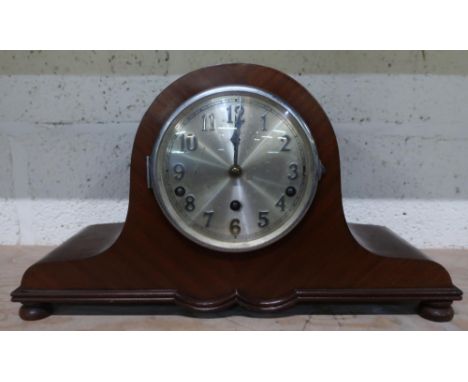 1930s mahogany cased mantle clock silvered dial with applied chrome plated numerals and hands three train Westminster chiming