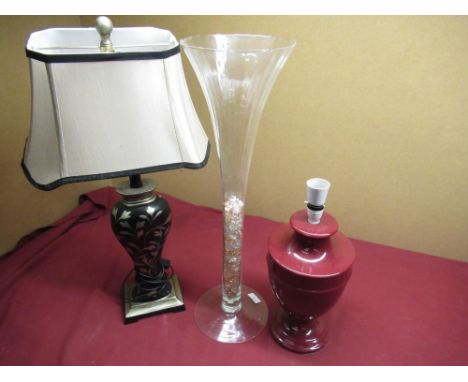 Tall Sia flower vase, black and silver vase shaped table lamp and a red pottery lamp (3) 