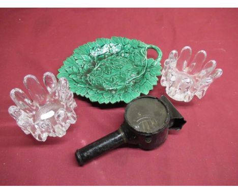 19th C green glazed leaf moulded dish, early 20th C battery operated carriage lamp with painted metal finish and a pair of mo