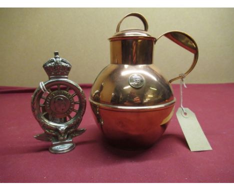 Edw. VII Elkington &amp; Co RAC badge with enamel boss, stamped D8474, H15cm (some losses to enamel), copper Guernsey measure