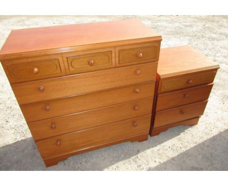 Meredew teak chest of five long drawers, H94cm W87cm D43cm, and another similar smaller chest of three drawers, H66cm W51cm D