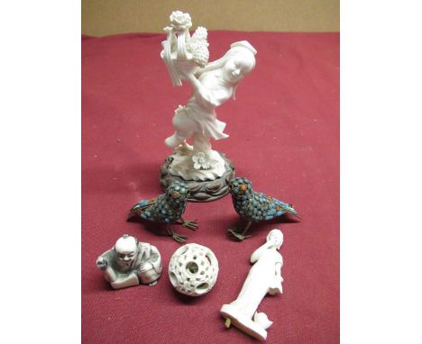 Pair of Indo-Persian brass and cloisonné sparrows (A/F), an early 20th C Japanese ivory puzzle ball, a Netsuke and two other 