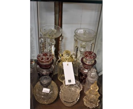 Pair of ruby flushed jars, pair of lustres a/f,scent bottles etc, etc (11)