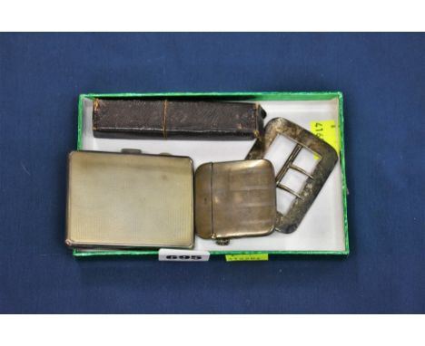 A cased mother of pearl &amp; silver fruit knife together with a silver vesta case; silver engine turned cigarette case and s