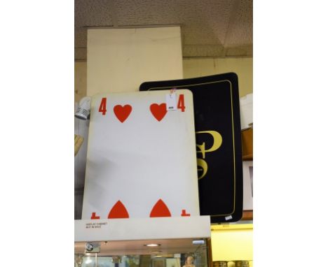 Four over sized advertising playing cards ' John Player Special ', 4 hearts; 5 diamonds; 9 spades; 7 clubs each measuring 29i