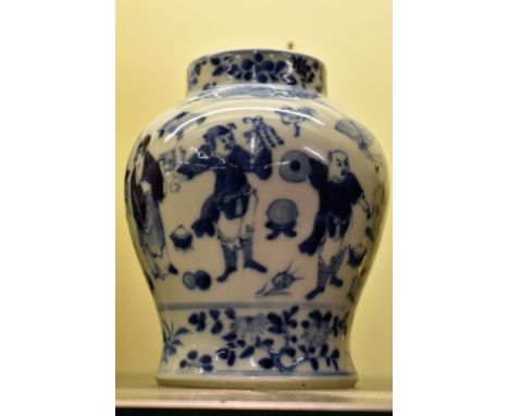 A Chinese porcelain blue and white baluster jar four character Kangxi mark to base but later, probably late 19th / early 20th