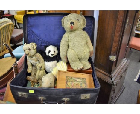 A quantity of various vintage toys to include a Chad Valley panda; teddy bears; lead animals; card games; chess pieces  etc.