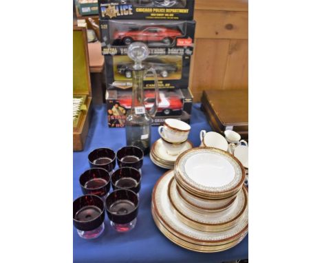 Various Royal Grafton 'Majestic' bone china to include cups and saucers, milk jug and plates plus glass decanter and sundae d