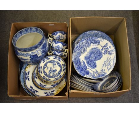 Two boxes of various blue and white ceramics of varying dates &amp; patterns to include 'Spode landscape pattern' &amp; 'Tham