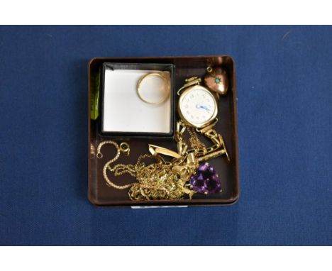 A quantity of various 9ct gold jewellery, 9ct cased watch together with a 15ct gold ring, all items a/f, gross weight 38g.