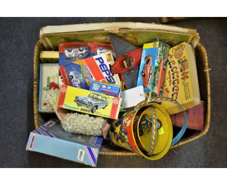 A collection of vintage toys to include a set of Matchbox cars Nasa Convoy cars and two Chad Valley 50's tin buckets (21)
