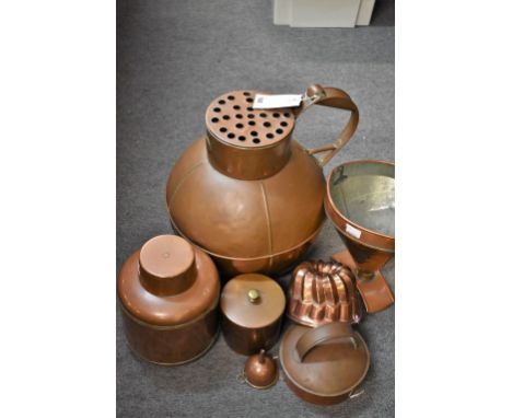A large quantity of copper ware to include an extra large size 10 (5 gallon) Guernsey can with flower stem conversion to inne