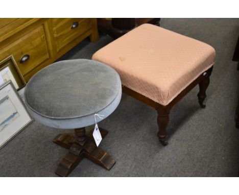 A Victorian walnut square overstuffed footstool &amp; an Old Charm turned oak stool with circular seat. on turned inverted ba