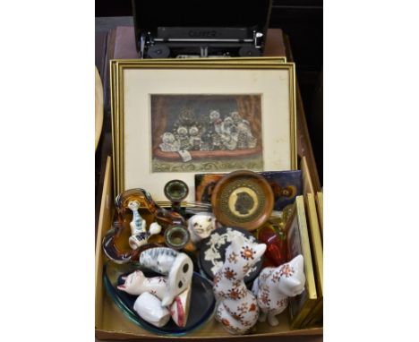 A rummage box to include a paire of cloisonne candlesticks; Dresden powder pot; Wedgwood black Jasper ware pot; Coalport owl;