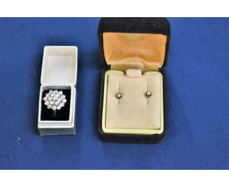 A 9ct gold and CZ cluster ring + pair of CZ stud earrings (2)