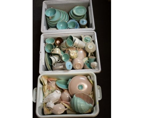 A large collection of Poole Pottery tea & coffee sets to include Twintone patterns C96, C54, C104, Ripple pattern 286 and orn