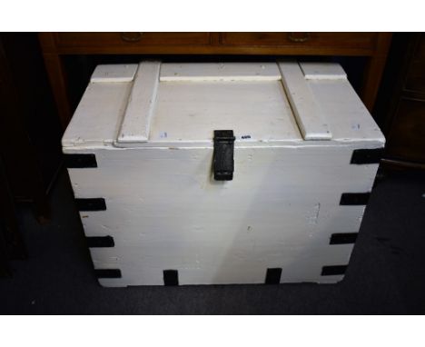 A white painted iron-bound pine trunk