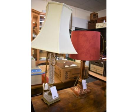 A moulded glass table lamp and a copper on brass table lamp dated 1896 (2)