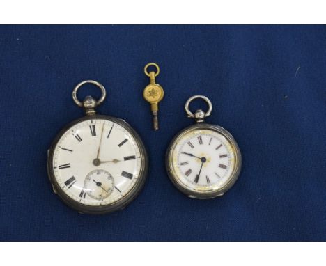 Two silver pocket watches, a Swiss enamel and gold faced watch with Salvation Army motif on back + one other.