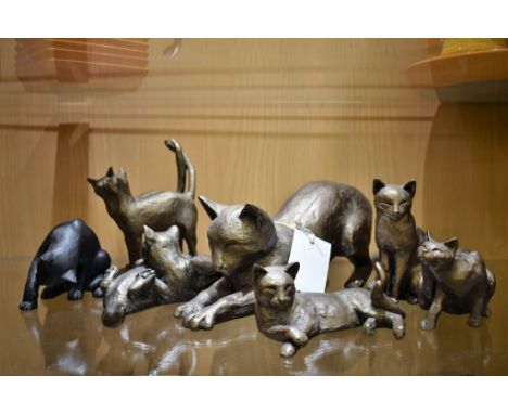 A collection of six Frith cat sculptures created by Paul Jenkins each with named stickers to base, Tilly-cat stretching; Cats