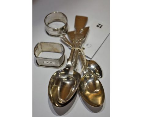 A collection of silver, to include 2 napkin rings, a George VI coronation spoon, 3 bright cut fiddle pattern spoons & 2 other