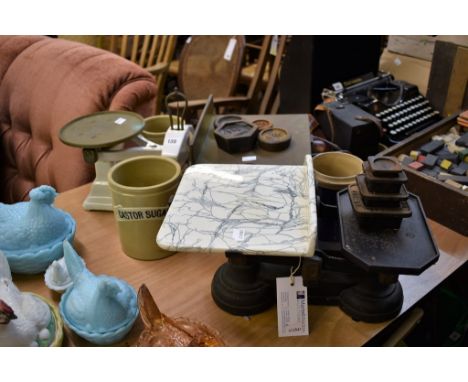 Two sets of vintage kitchen scales and weights + three glazed pottery jars.
