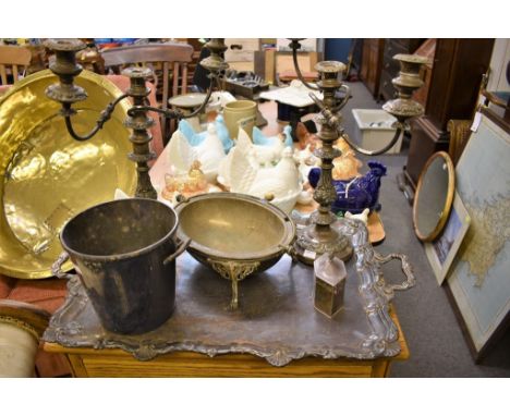 A quantity of silver plate inc. a large tray, pair of candelabra, sugar caddy etc.