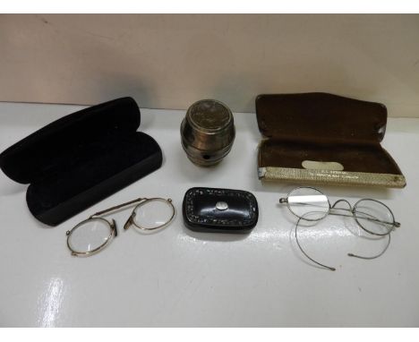 Vintage Spectacles, Papier Mache Snuff Box and Travelling Ink Well 
