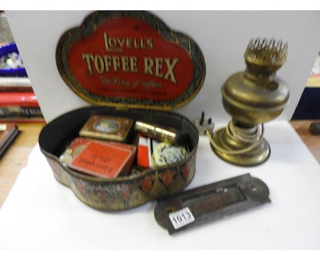 Converted Oil Lamp Base and Quantity of Vintage Tins 