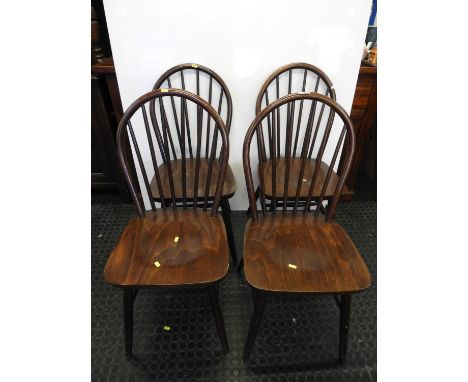 Set of 4x Dark Wood Stick Back Dining Chairs with Shaped Seats 