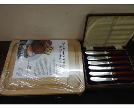 New Wooden Chopping Board and Boxed Set of Vintage Butter Knives 