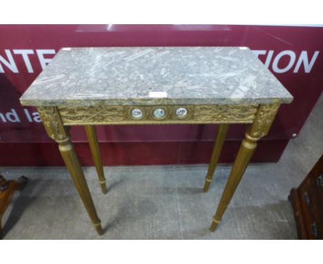 A small French gilt wood and fossil marble topped console table 