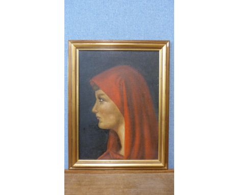 English School (20th Century), portrait of a veiled lady, oil on canvas, framed 