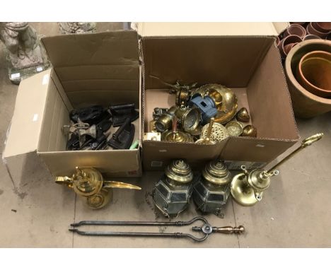 Assorted metalware including, brass, cast iron flat irons, horse shoes, etc.