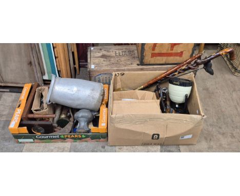 Assorted vintage items, including brassware, glass shades, walking canes, etc.