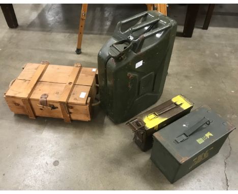A Jerry can, two ammunition boxes and a small pine crate
