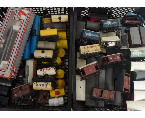 Unboxed Hornby Bachmann and Lima OO Gauge Freight Stock, including tank wagons various, 'Prestwin' silos, flat wagons with co