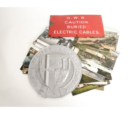 A GWR Enamel Sign Publicity Photographs and Repro Coat of Arms, the sign in white on red 'GWR Caution. Buried Electric Cables